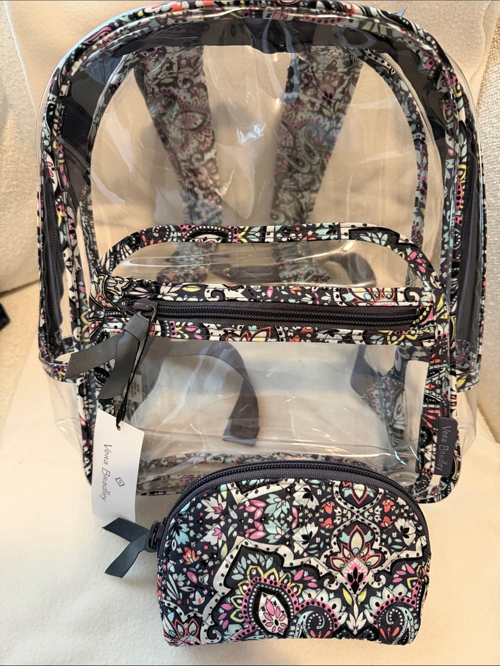 Vera Bradley Clear Backpack with Black Multi Paisley Trim and Matching Pouch